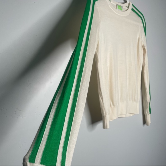 From Future 100% Wool Pullover Crewneck Sweater XS Green Stripe Ivory White - Picture 3 of 9